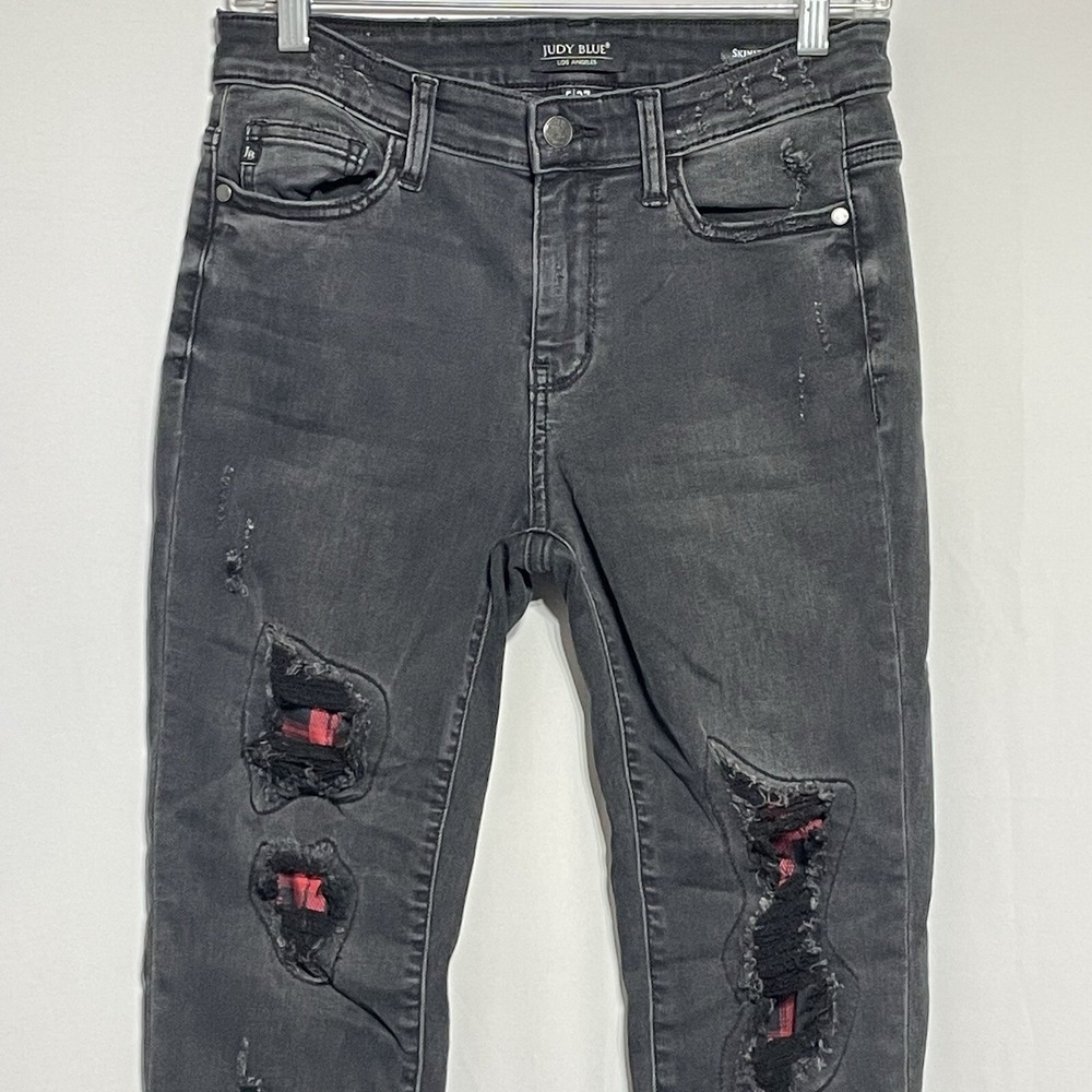 JUDY BLUE Jeans Women sz 5/27 Black Distressed Skinny Fit Buffalo‎ Plaid Patch